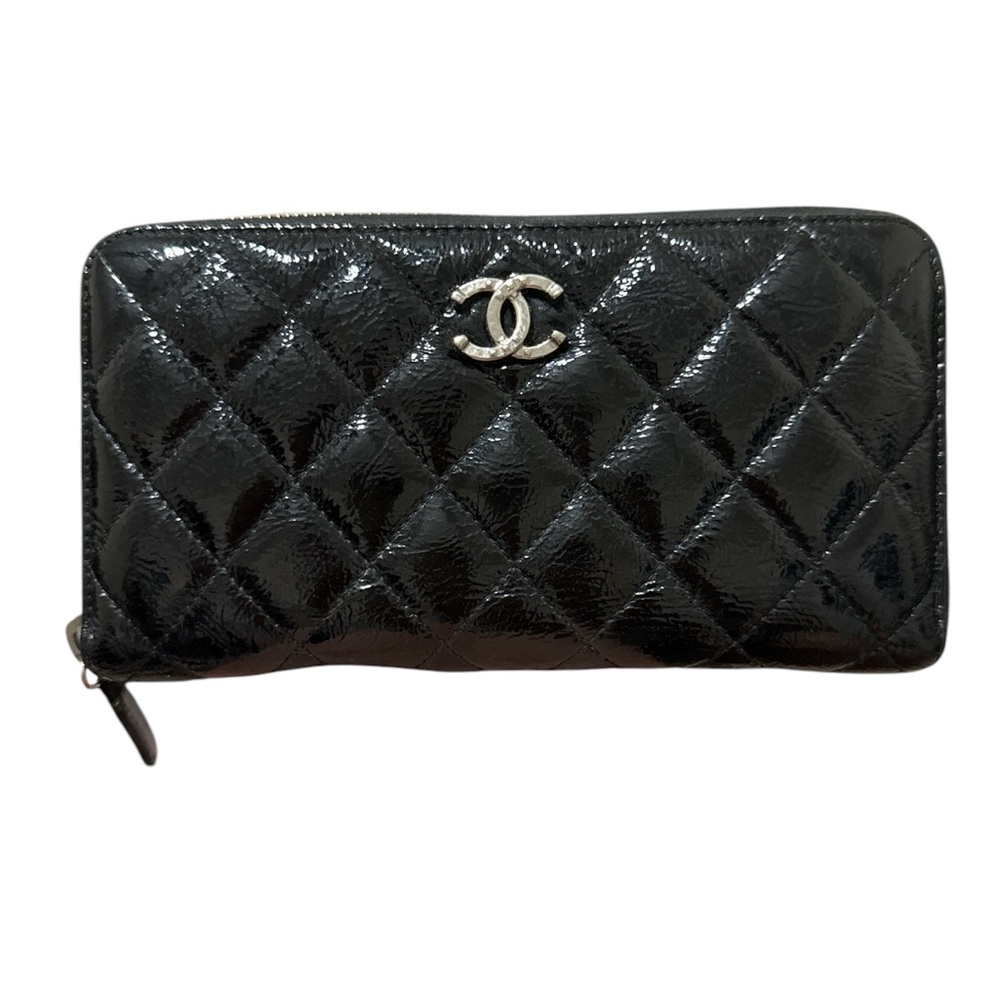 Chanel Long Wallet Zipper Black Patent Preowned